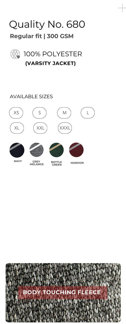 Polyester Varsity Jacket – Quality 680 (300 GSM) – specifications and colour swatches