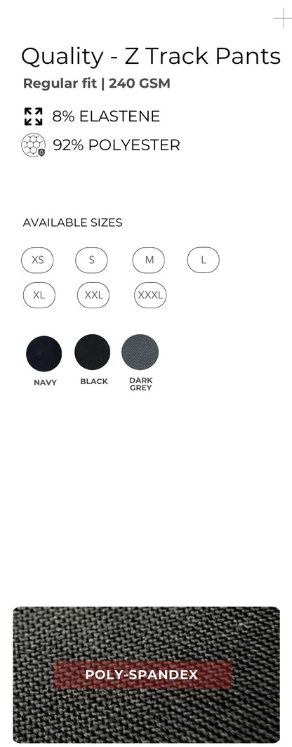 Stretch Track Pants (240 GSM) – specifications and colour swatches
