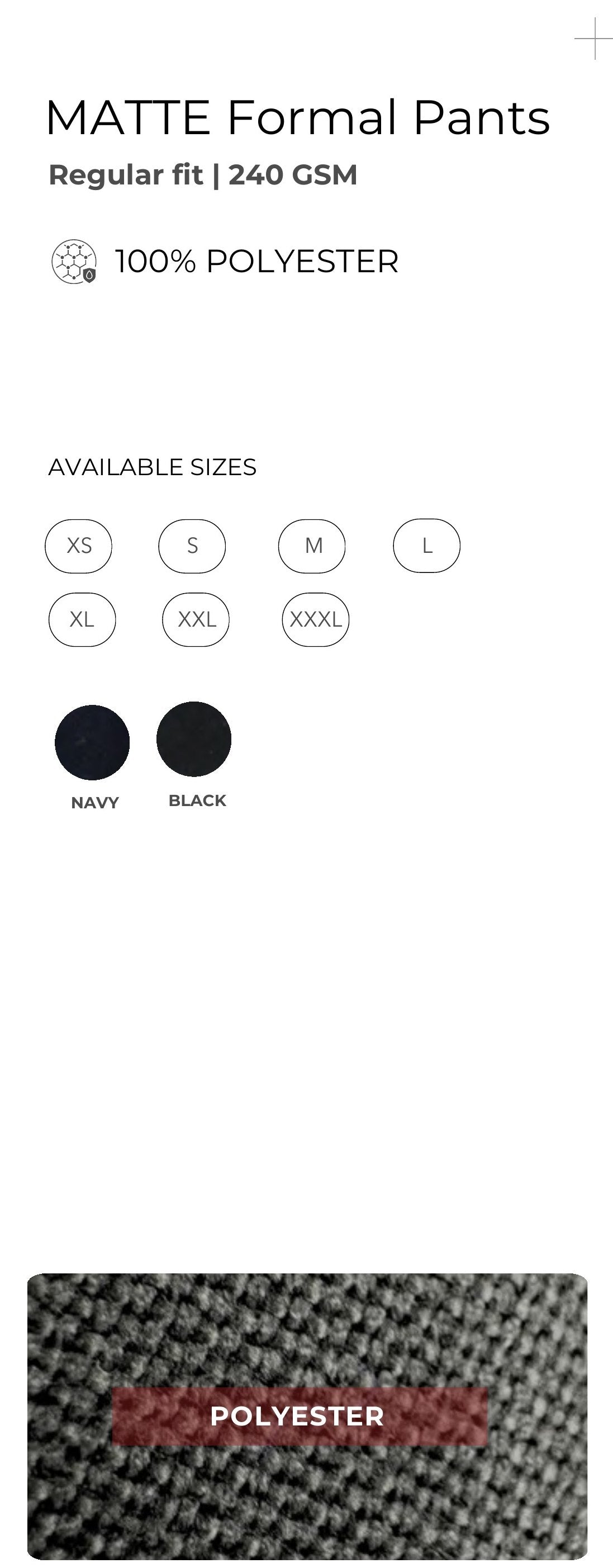 Matte Formal Trousers (240 GSM) – specifications and colour swatches