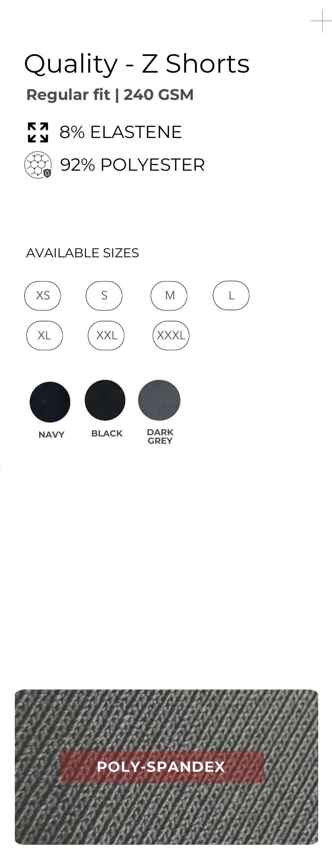 Stretch Sports Shorts (240 GSM) – specifications and colour swatches