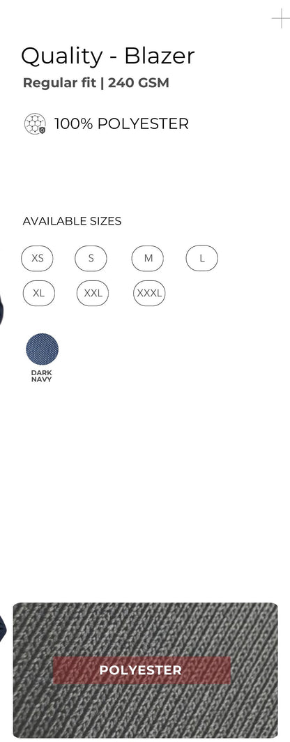 Corporate Blazer (240 GSM) – specifications and colour swatches