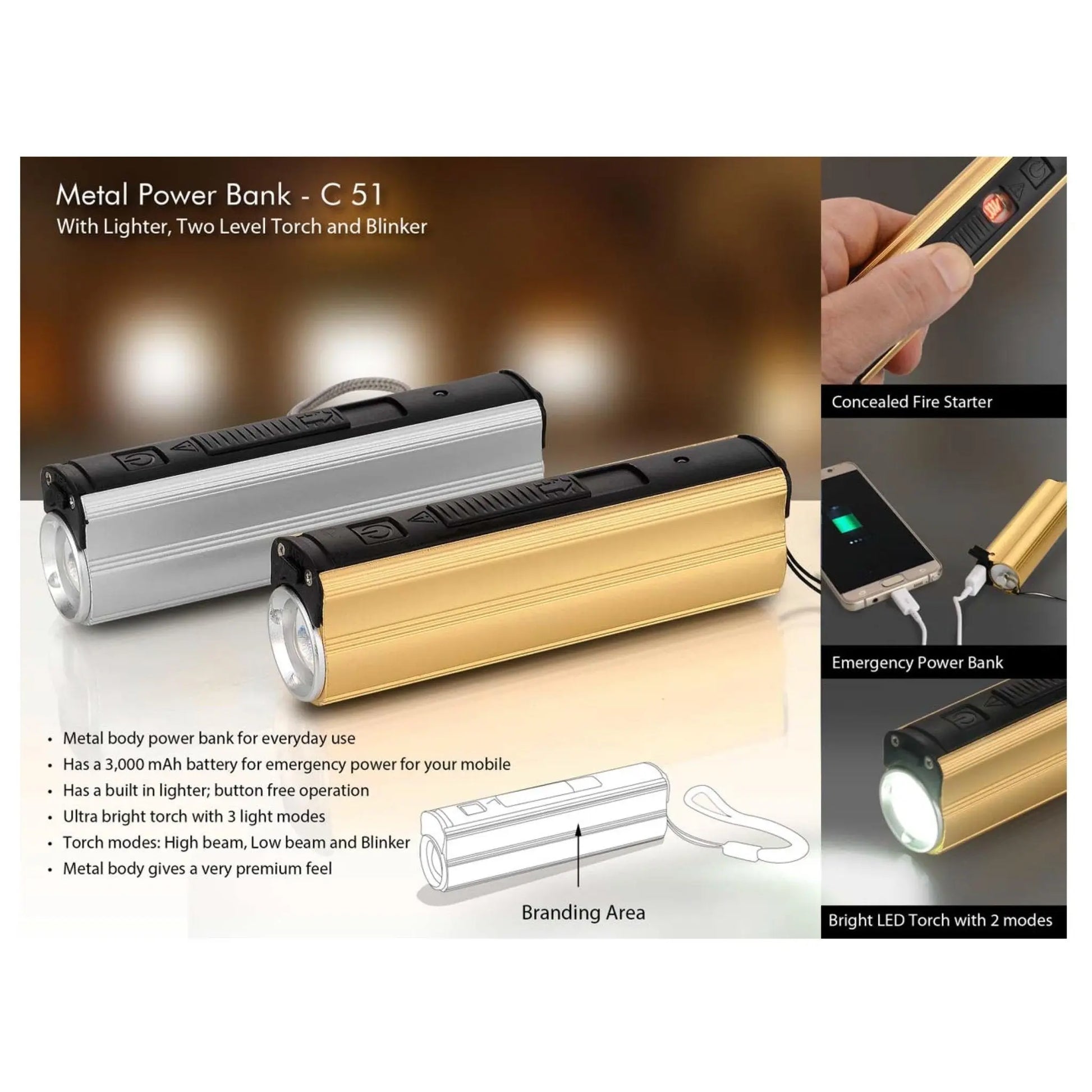Metal Power Bank With Lighter, Two Level Torch And Blinker - C 51 MARSH Corporate gifts