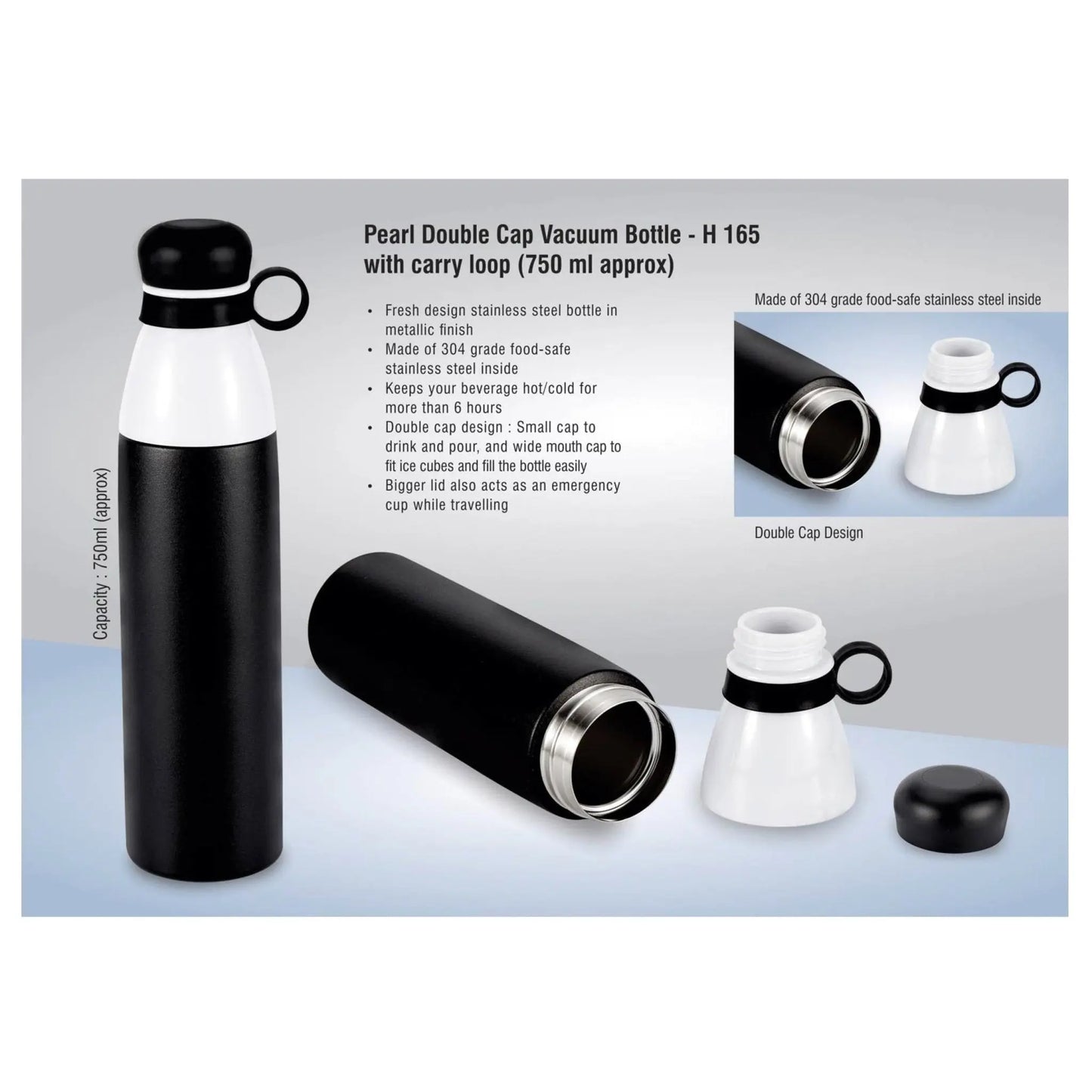 Pearl Double Cap Vacuum Bottle In Metallic Finish With Carry Loop - 750 ml - H 165 MARSH Corporate gifts
