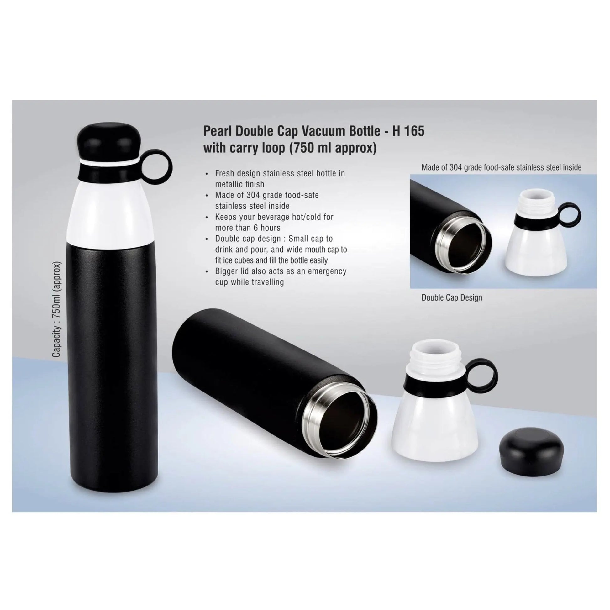 Pearl Double Cap Vacuum Bottle In Metallic Finish With Carry Loop - 750 ml - H 165 MARSH Corporate gifts