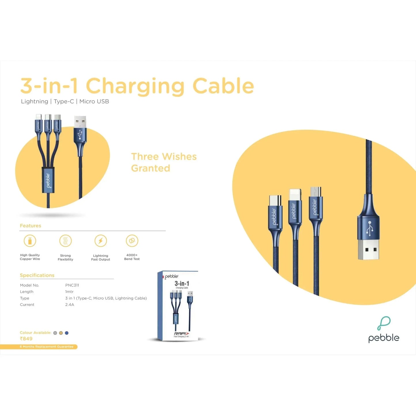 Pebble 3-in-1 Charging Cable Nylon Braided - 1 Meter MARSH Corporate gifts