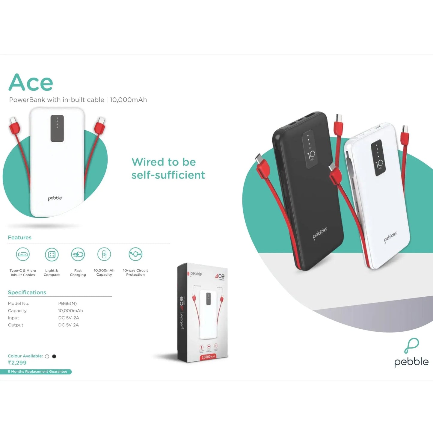 Pebble Ace PowerBank With in-built cable - 10000 mAh MARSH Corporate gifts
