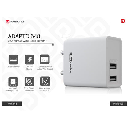 Portronics  2.4A Charger with Dual USB Ports - POR 648/649