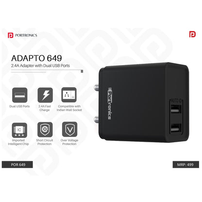 Portronics  2.4A Charger with Dual USB Ports - POR 648/649