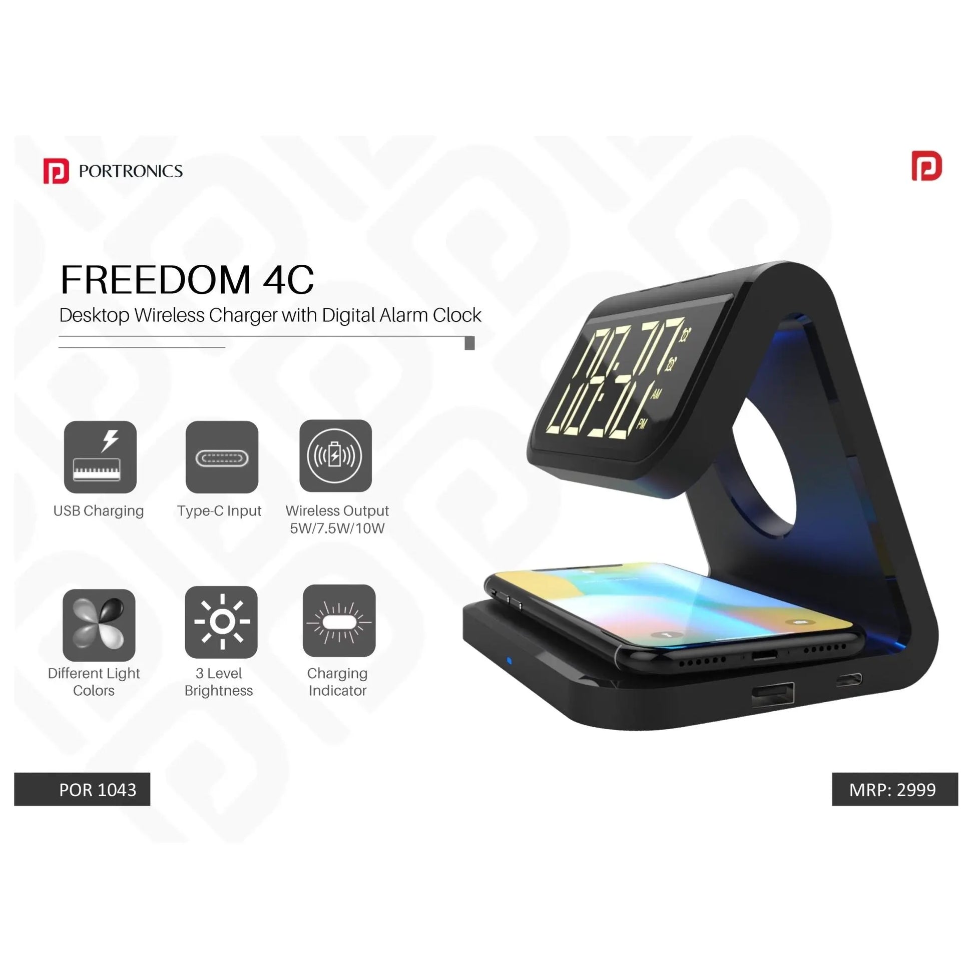 Portronics Desktop Wireless Charger with Digital Alarm Clock - POR 1043 MARSH Corporate gifts