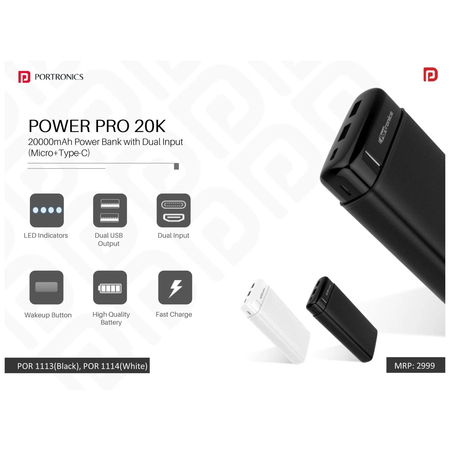 Portronics Power Pro 20K- Powerbank (Micro+Type-C) - POR 1113/1114 MARSH Corporate gifts