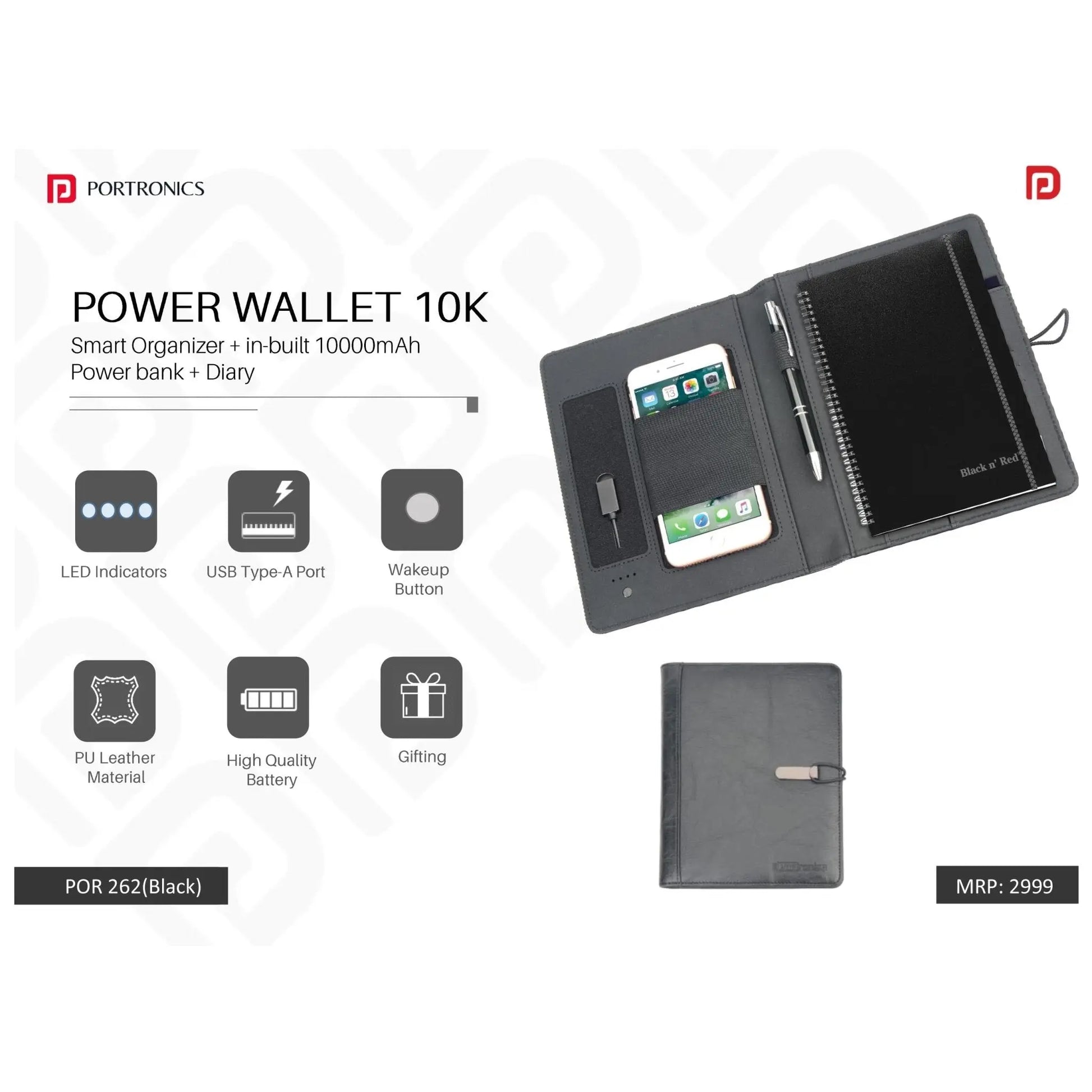 Portronics Smart Organizer + in-built 10000mAh Power bank + Diary - POR 262 MARSH Corporate gifts