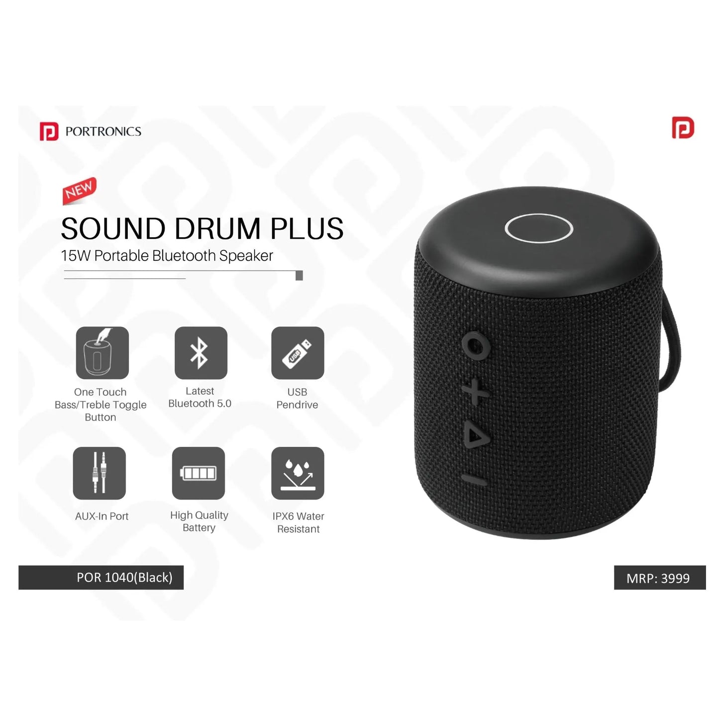 Portronics SoundDrum Plus 15 W Bluetooth Speaker  (Black, Stereo Channel) - POR 1040 MARSH Corporate gifts