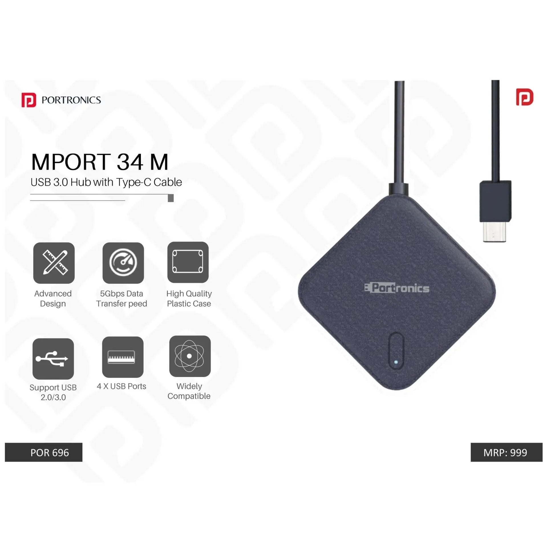 Portronics USB 3.0 HUB with Type-C Cable - POR 696 MARSH Corporate gifts