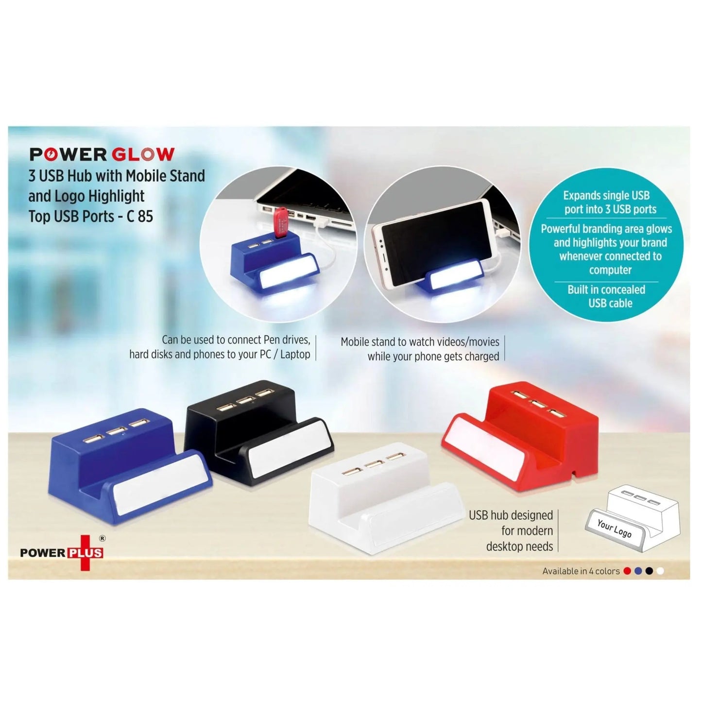 Power Glow 3 USB Hub With Mobile Stand And Logo Highlight (Top USB) - C 85 MARSH Corporate gifts