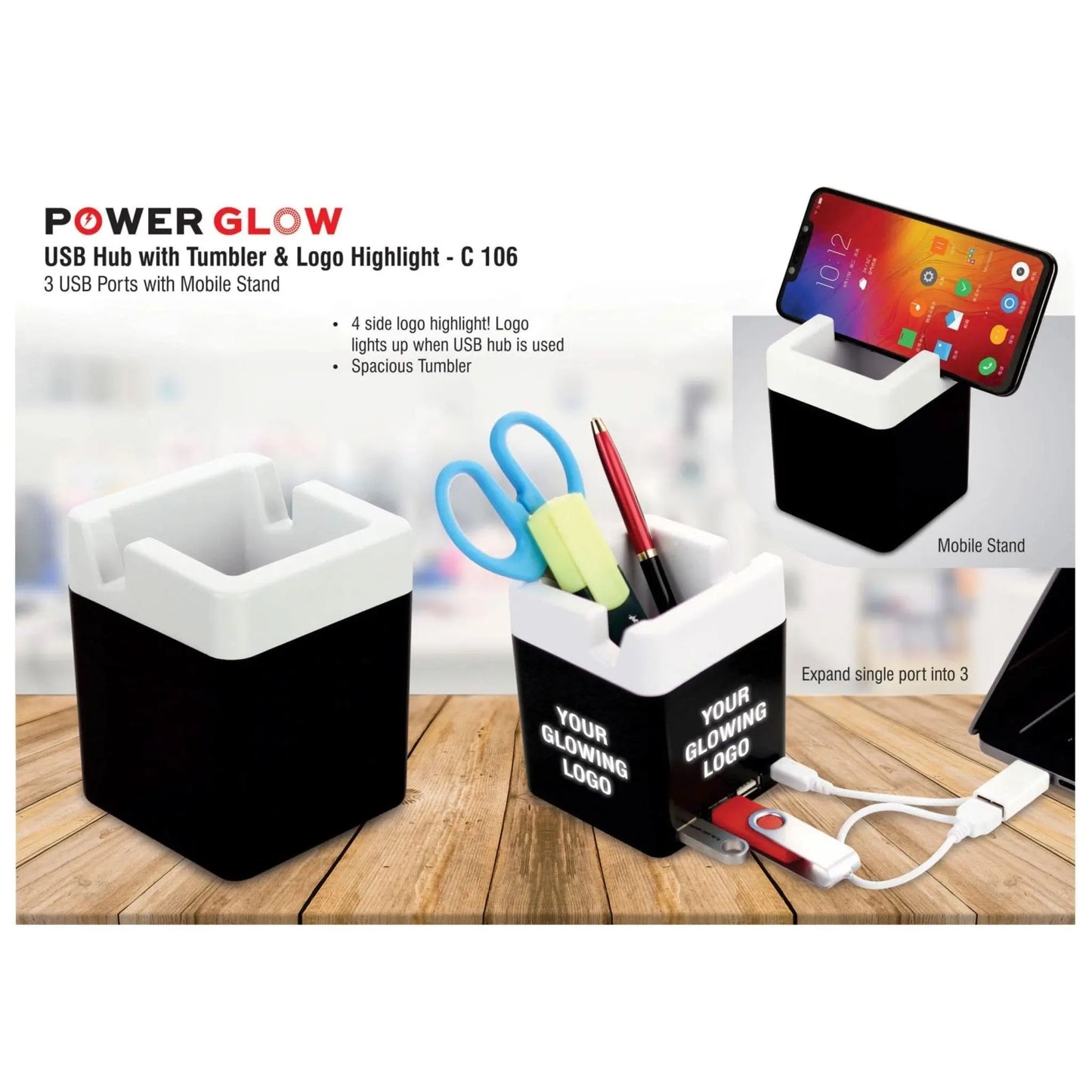Power Glow USB Hub With Tumbler And Logo Highlight | 3 USB Ports | With Mobile Stand - C 106 MARSH Corporate gifts