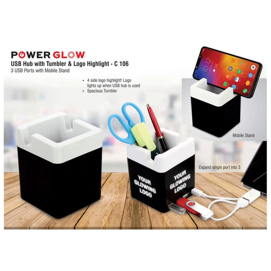 Power Glow USB Hub With Tumbler And Logo Highlight | 3 USB Ports | With Mobile Stand - C 106 MARSH Corporate gifts