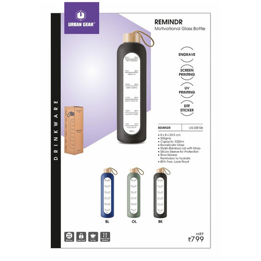 URBAN GEAR - Remindr - Motivational Glass bottle (1000ml) - UG-DB106