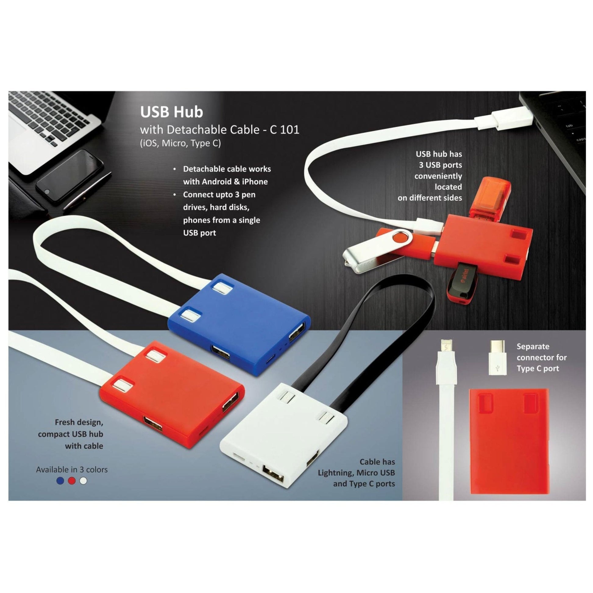 USB Hub With Detachable Cable (IOS, Micro, Type C) | 3 USB Ports - C 101 MARSH Corporate gifts