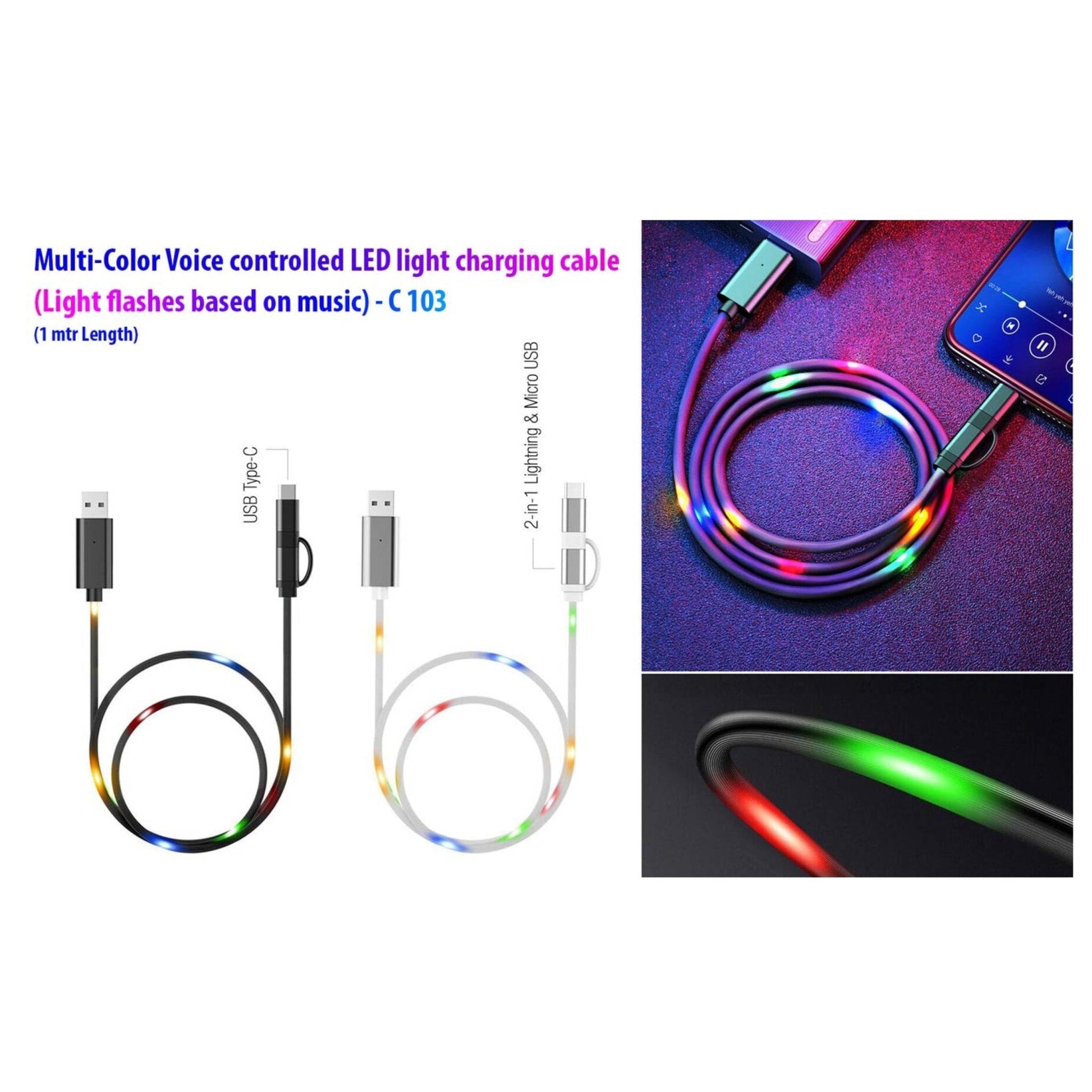 Voice Controlled LED Light Charging Cable (Multicolor) | Light Flashes Based On Music | 1 Mtr Length - C 103 MARSH Corporate gifts