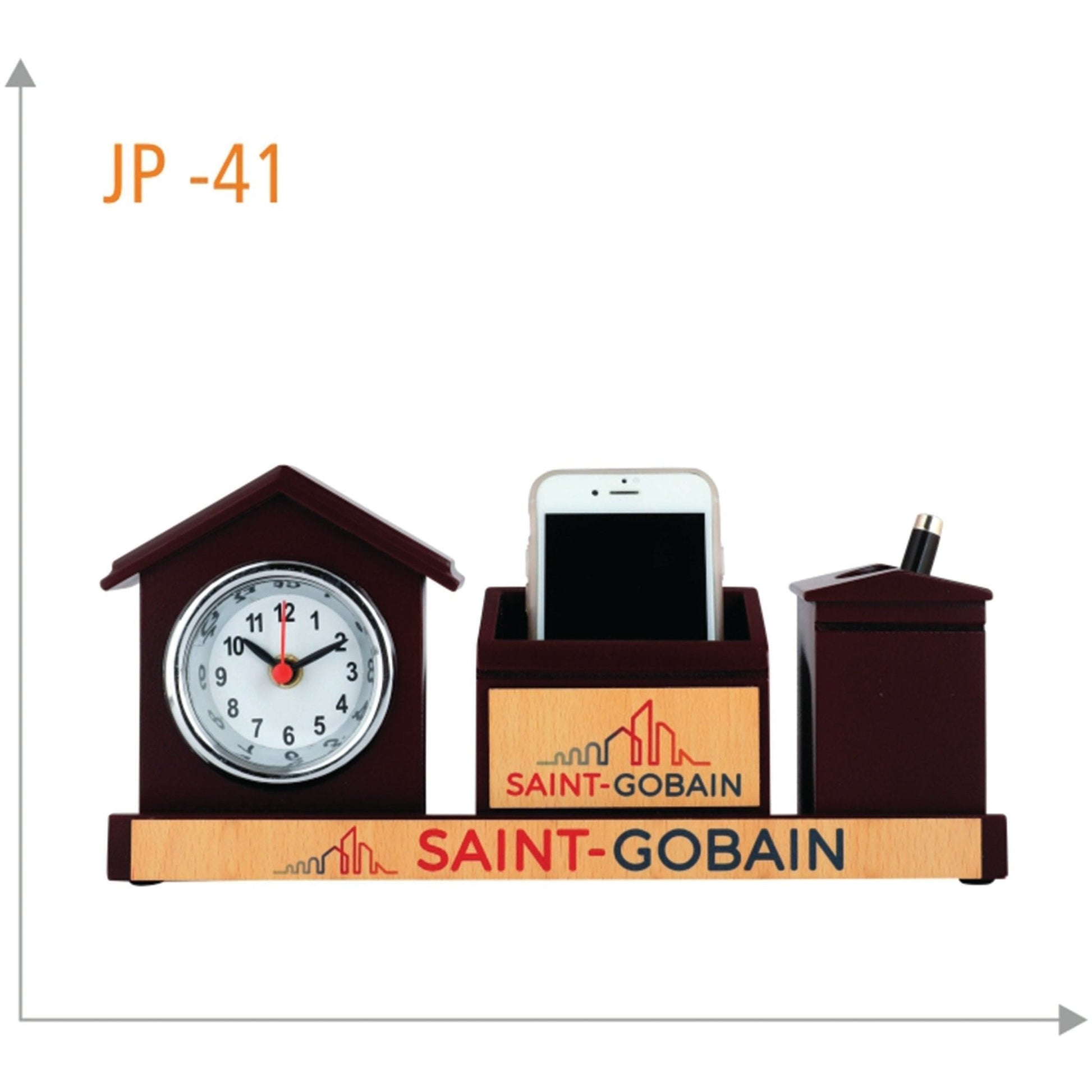 Wooden Table Clock With Pen Stand & Mobile Holder - JP 41 MARSH Corporate gifts