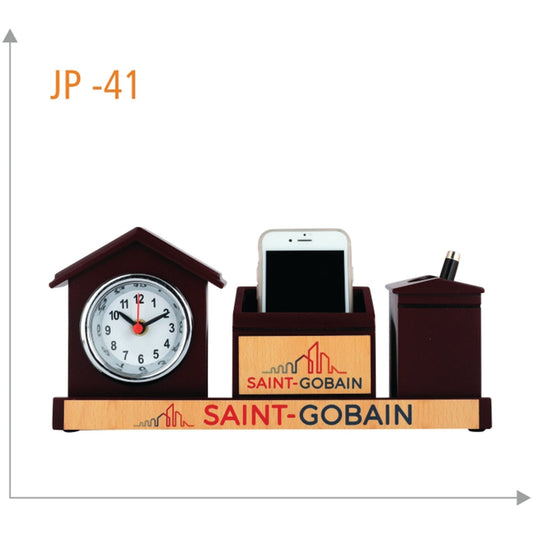 Wooden Table Clock With Pen Stand & Mobile Holder - JP 41 MARSH Corporate gifts