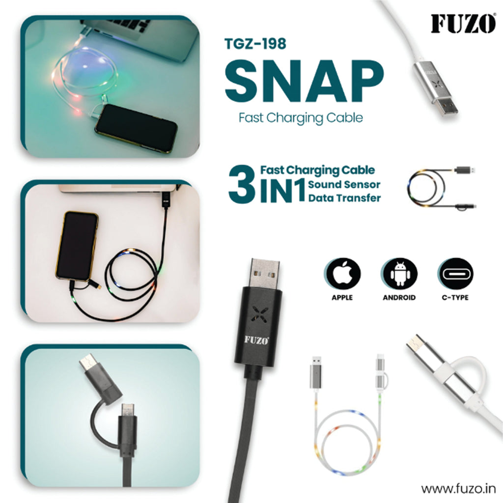 Snap fast Charging Cable 3 in 1 Sound Sensor and Data Cable - TGZ-198