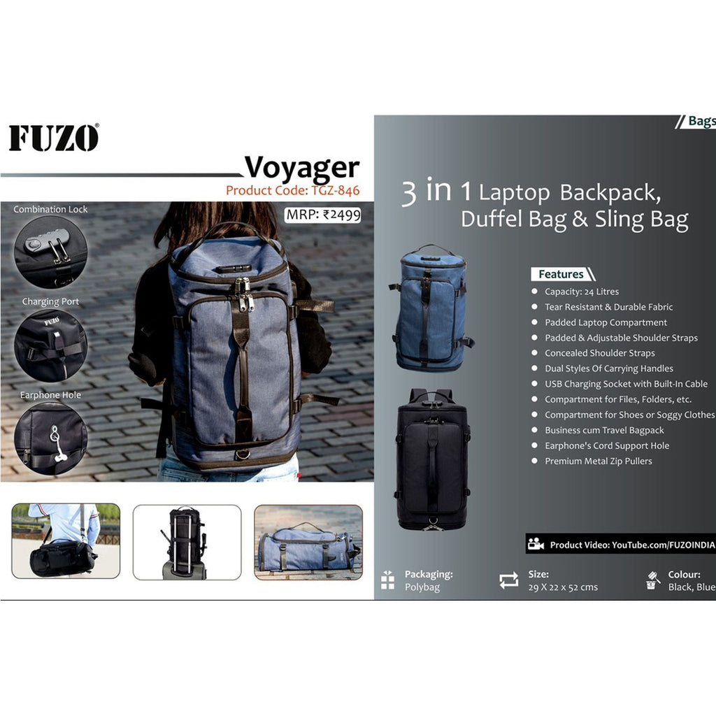 Voyager 3 in 1 Laptop Backpack, Duffel Bag & Sling Bag - TGZ-846