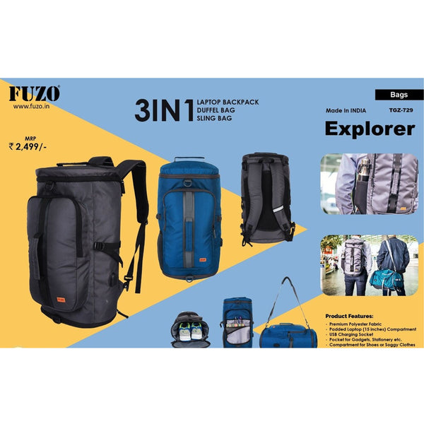 3 in 1 Explorer Laptop Backpack, Duffel Bag & Sling bag - TGZ-729