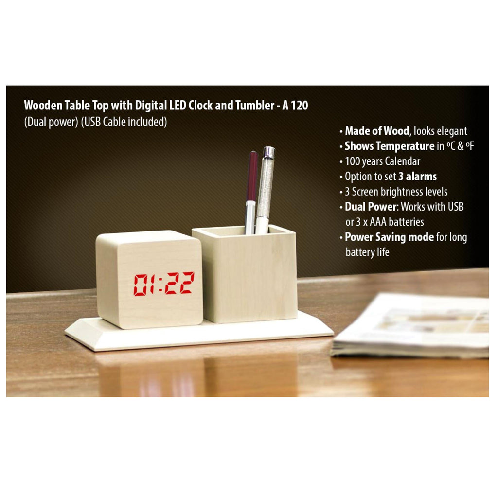 Wooden Tabletop with Digital LED Clock and Tumbler - A 120
