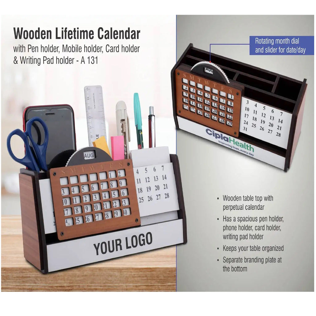 Wooden Lifetime calendar with Pen holder, Mobile holder, Card holder and Writing Pad holder  - A 131