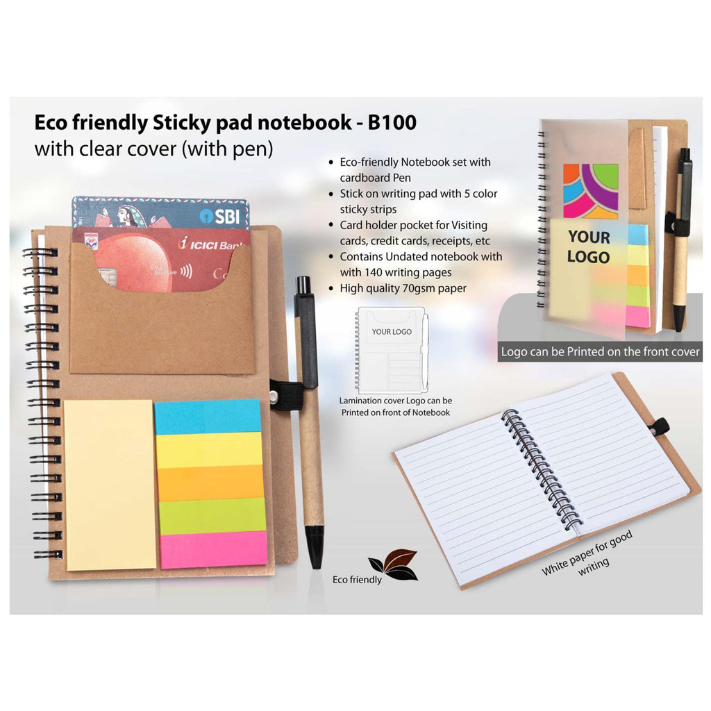 Eco Friendly Sticky Pad Notebook With Clear Cover With Pen - B 100