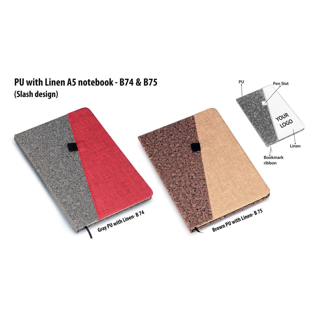 Brown PU with Linen A5 Notebook Slash Design - B 75