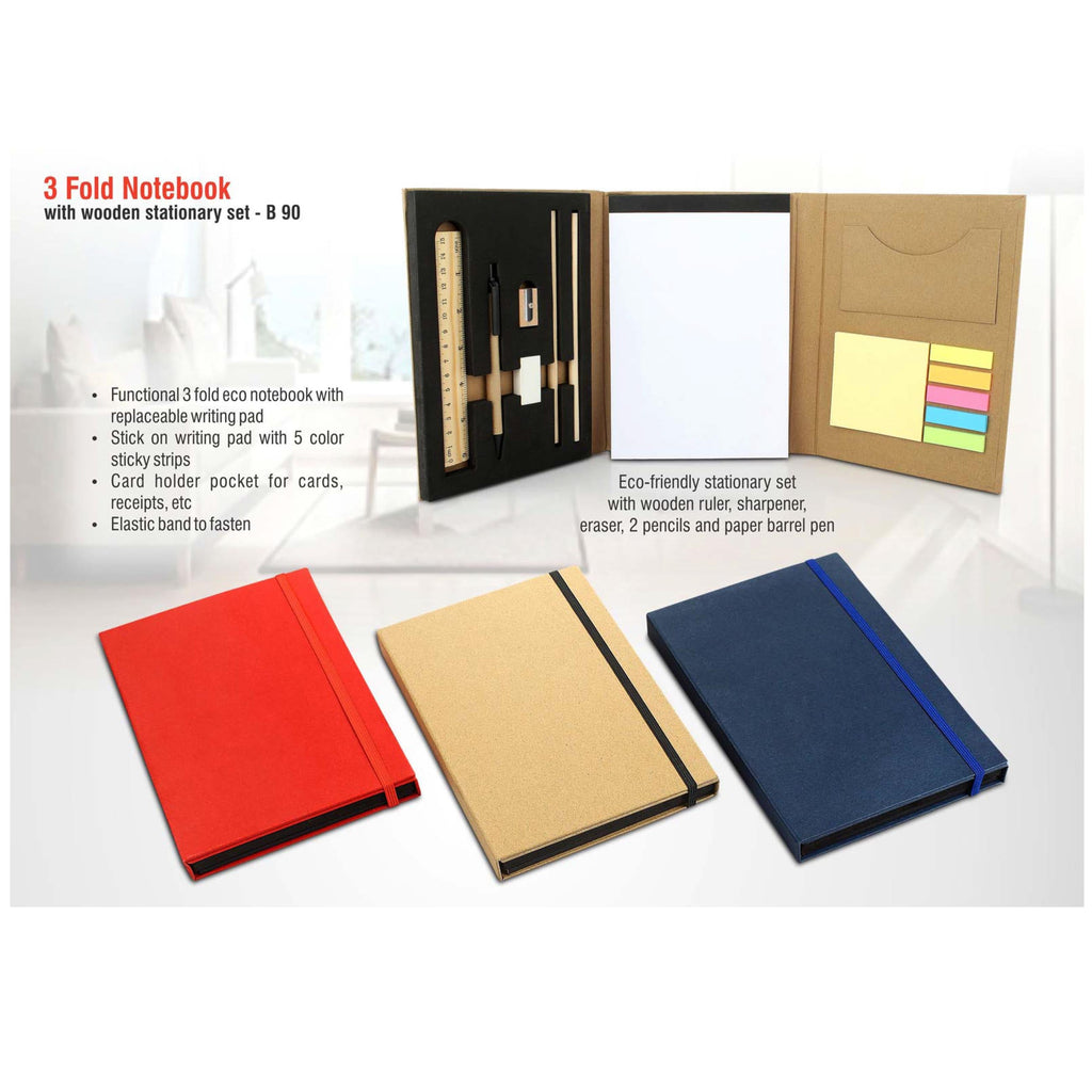 3 Fold Notebook With Wooden Stationary Set - B 90