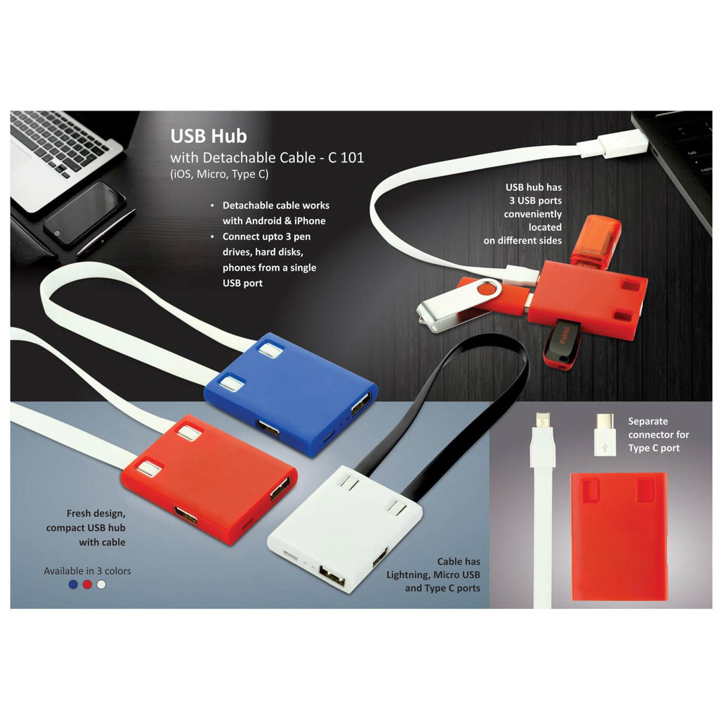 USB Hub With Detachable Cable (IOS, Micro, Type C) | 3 USB Ports - C 101