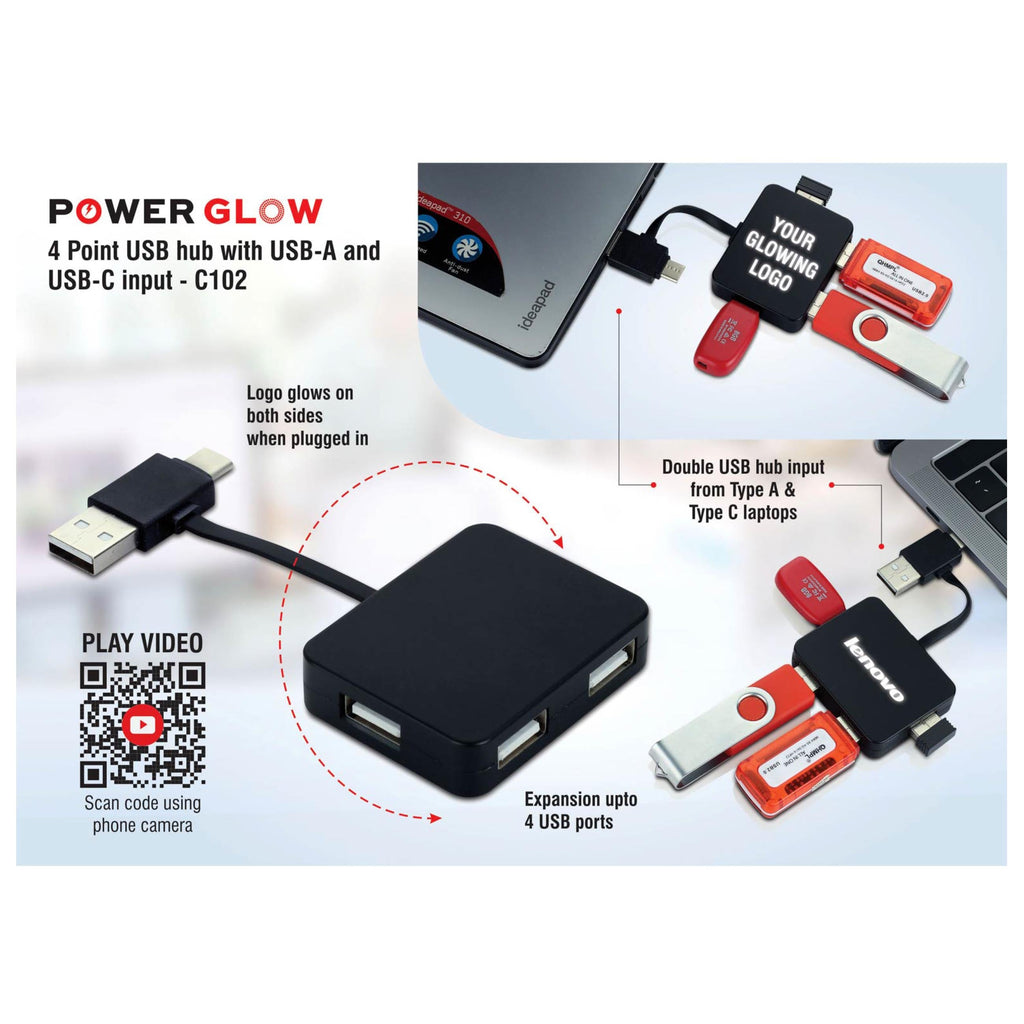 Power Glow 4 Point USB Hub With USB-A And USB-C Input | 4 USB Ports - C 102