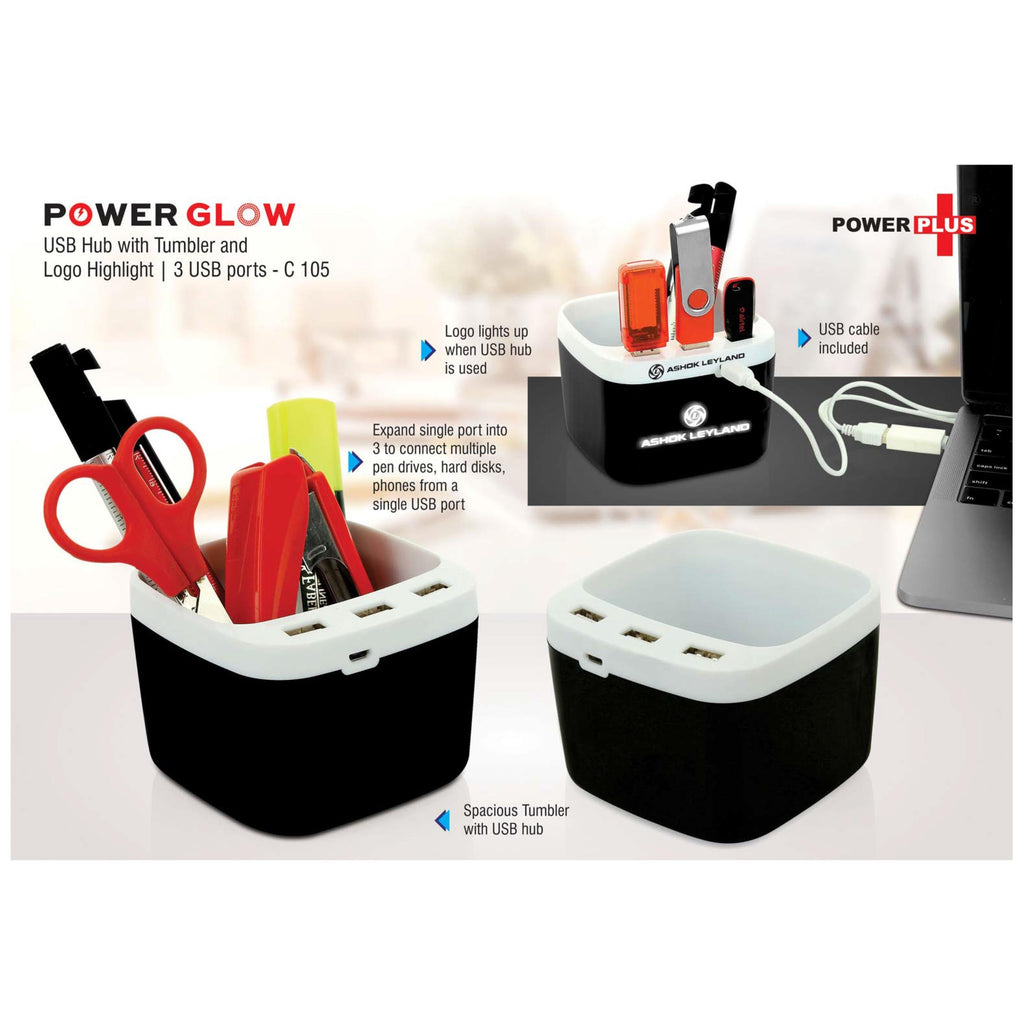 Power Glow USB Hub With Tumbler And Logo Highlight | 3 USB Ports - C 105