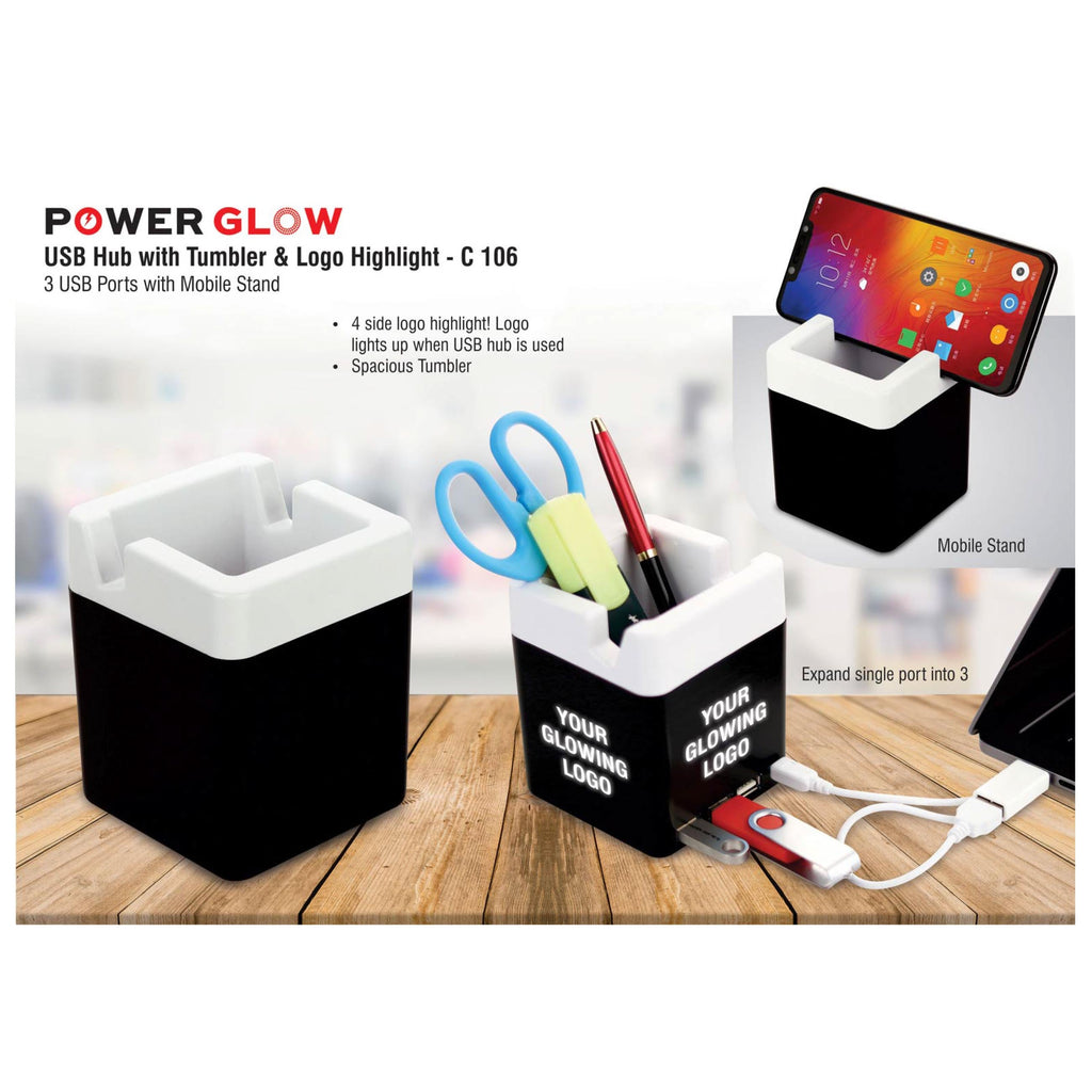 Power Glow USB Hub With Tumbler And Logo Highlight | 3 USB Ports | With Mobile Stand - C 106