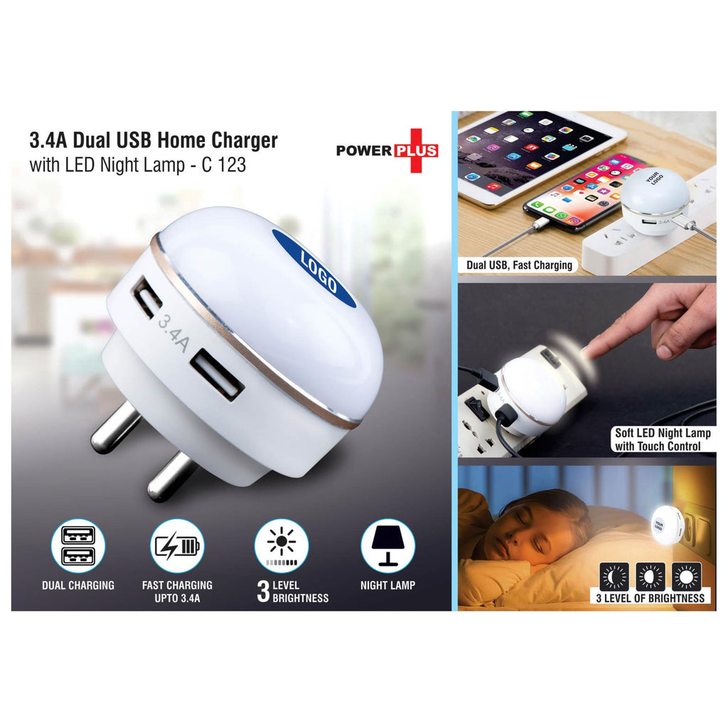 Dual USB Fast Charger With Night Lamp - C 123