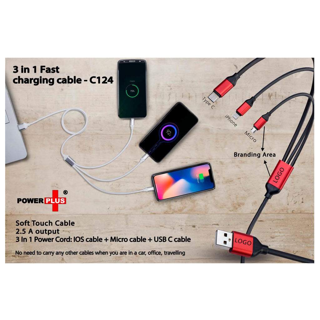 3 In 1 Fast Charging Soft Touch Cable | 2.5A Output (For Micro, Type C And IOS) - C 124