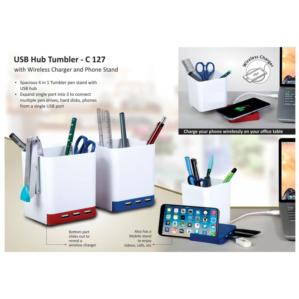 USB Hub Tumbler With Wireless Charger And Phone Stand - C 127