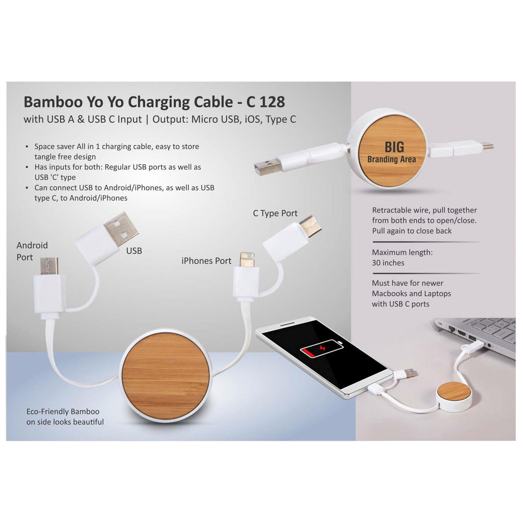 Bamboo Yo Yo Charging Cable With USB A & USB C Input | Output: Micro USB, IOS, Type C - 128