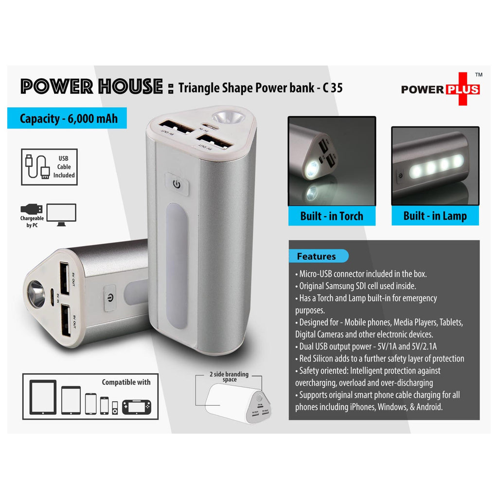 Power Plus Power House : Triangle Shape Power Bank With Lamp And Torch (Dual USB Port) (6000 MAh) - C 35