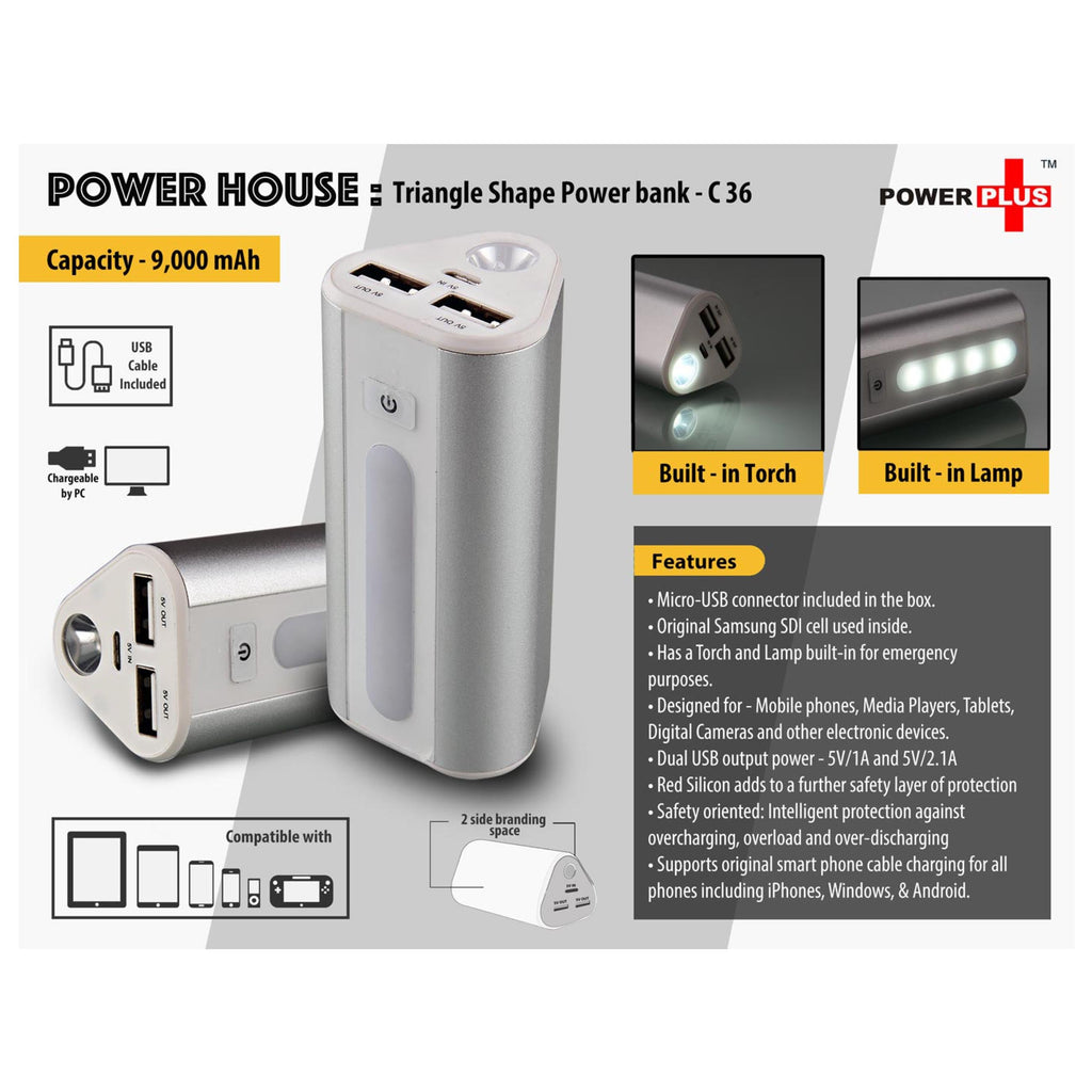 Power Plus Power House : Triangle Shape Power Bank With Lamp And Torch (Dual USB Port)(9000 MAh) - C 36