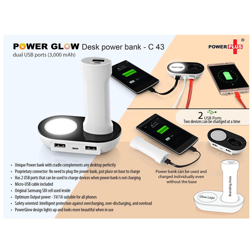Power Glow Desk Power Bank With Dual USB Ports 3,000 MAh - C 43