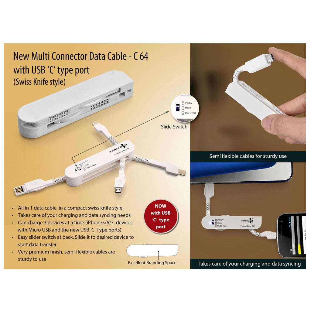 Swiss Knife Style Multi Connector Data Cable Set with USB C Type   - C 64