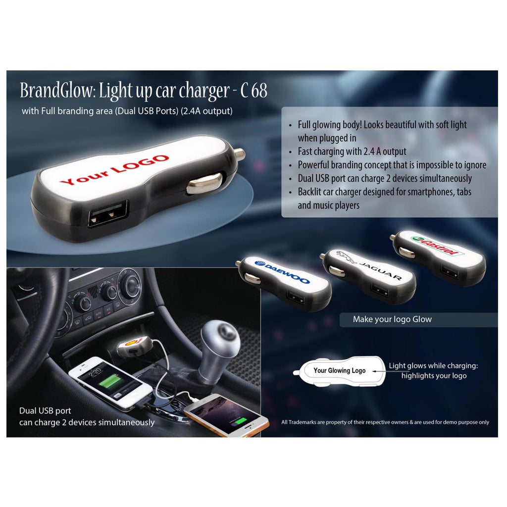 Brand Glow: Light Up Car Charger With Full Branding Area (Dual USB Ports) (2.4A Output) - C 68