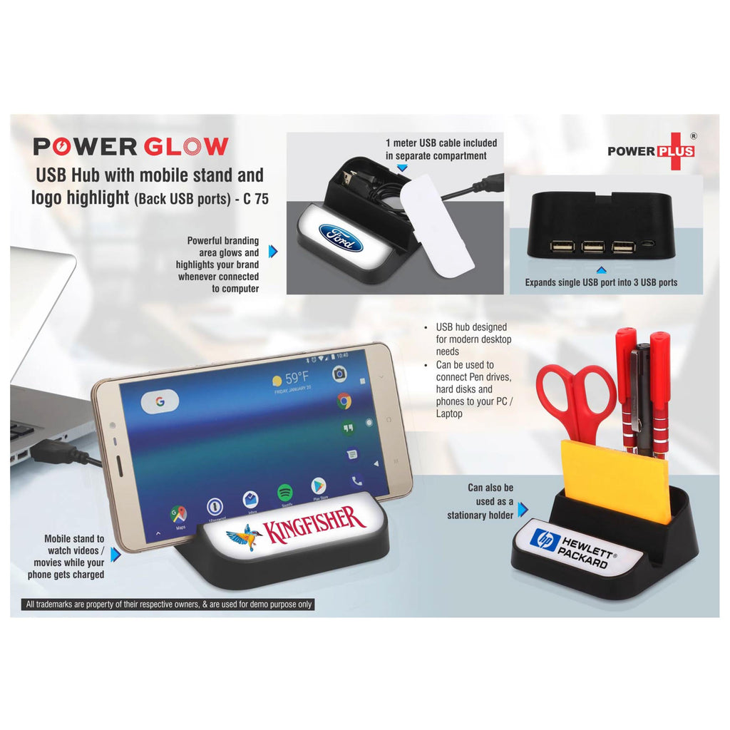 Power Glow USB Hub With Mobile Stand And Logo Highlight Back USB Ports - C 75