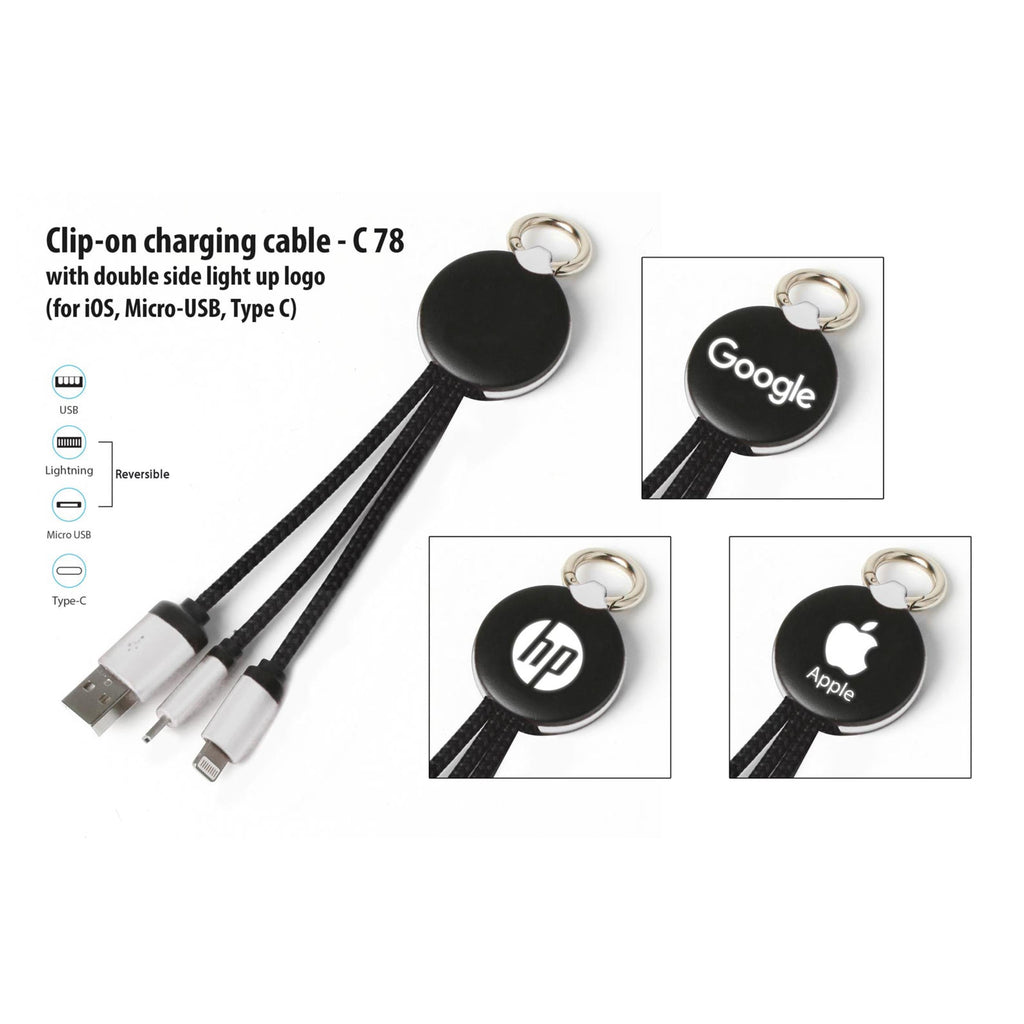 Clip-On Charging Cable With Double Side Light Up Logo (IOS, Micro-USB, Type C) - C 78