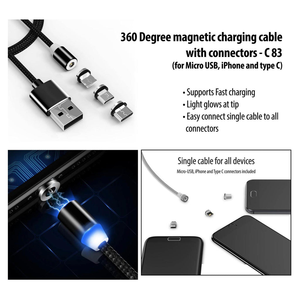 360 Degree Magnetic Charging Cable With Connectors | Supports Fast Charging | Light Glow At Tip (For Micro USB, iPhone And Type C) - C 83