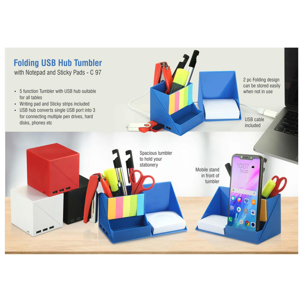 Folding USB Hub Tumbler With Notepad And Sticky Pads | 3 USB Ports - C 97